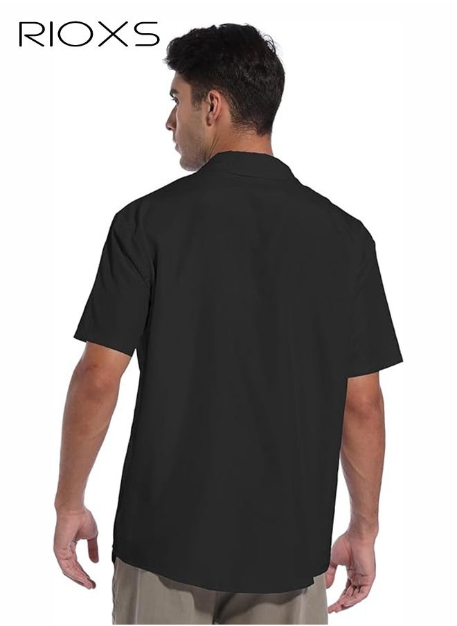 RIOXS Men's Shirts, Button-Up Short Sleeve Top, Solid Color V-Neck Henley Shirts, Summer Loose Casual Beach Shirts For Men, Comfy Tops For Hawaiian Office Or Daily Wear  - Image 3