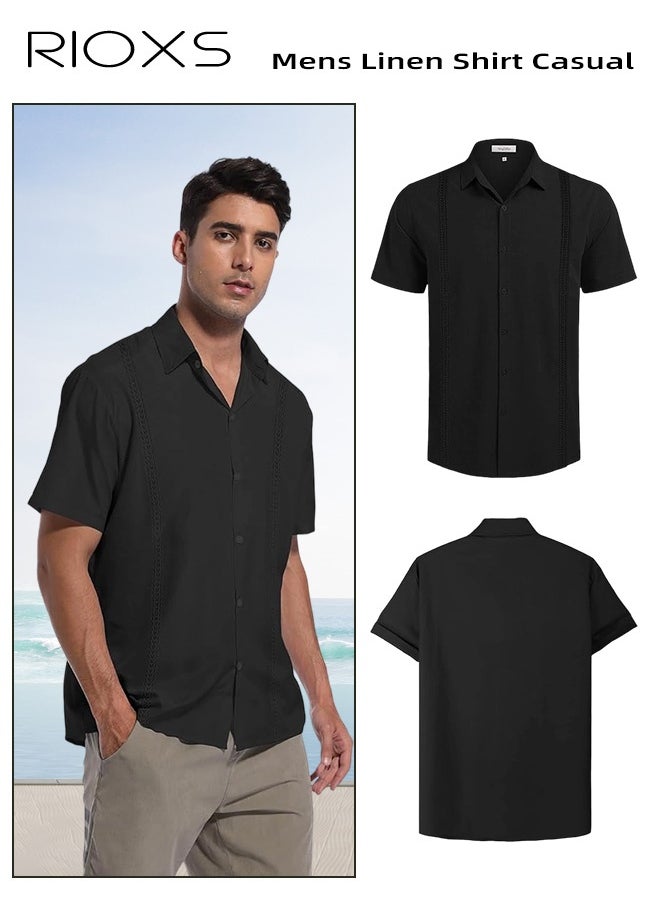 RIOXS Men's Shirts, Button-Up Short Sleeve Top, Solid Color V-Neck Henley Shirts, Summer Loose Casual Beach Shirts For Men, Comfy Tops For Hawaiian Office Or Daily Wear  - Image 2