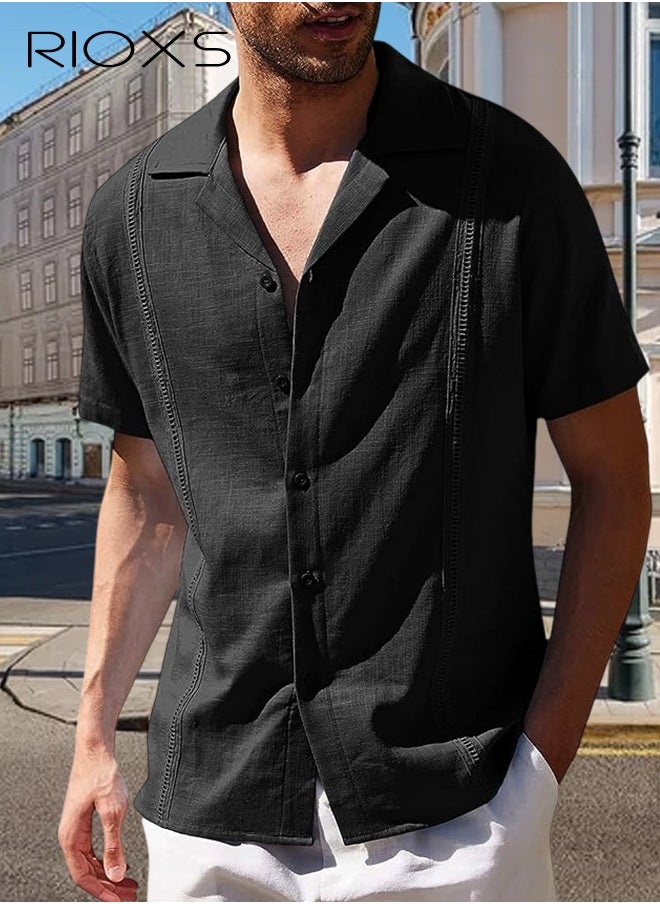 RIOXS Men's Shirts, Button-Up Short Sleeve Top, Solid Color V-Neck Henley Shirts, Summer Loose Casual Beach Shirts For Men, Comfy Tops For Hawaiian Office Or Daily Wear  - Image 1