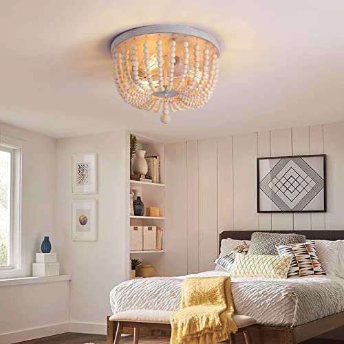 QS Q&S Wood Beaded Chandelier,Boho Farmhouse Light Fixture,Oak White,3 Lights,Semi Flush Mount Ceiling Light Fixtures for Hallway Baby's Nursery Bedroom Kitchen Living Room - Image 3