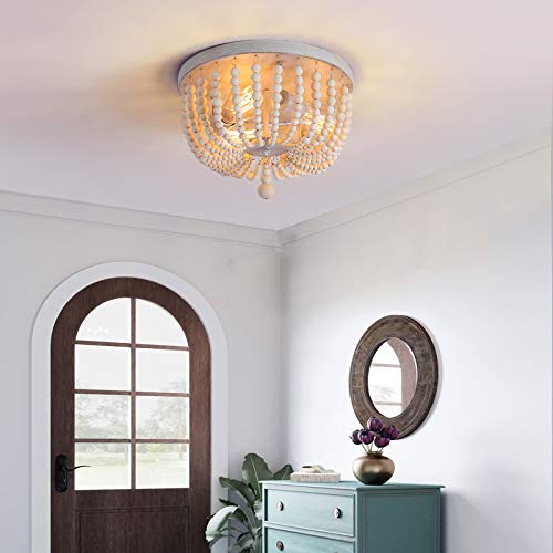 QS Q&S Wood Beaded Chandelier,Boho Farmhouse Light Fixture,Oak White,3 Lights,Semi Flush Mount Ceiling Light Fixtures for Hallway Baby's Nursery Bedroom Kitchen Living Room - Image 5