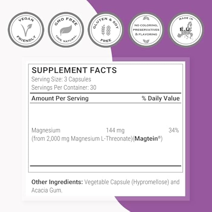 SuperSmart Magnesium L-Threonate 2000mg per Day (Patented Magtein) - Highly Bioavailable Magnesium Threonate - Brain Supplement | Non-GMO & Gluten Free - 120 Vegetarian Capsules - Image 4