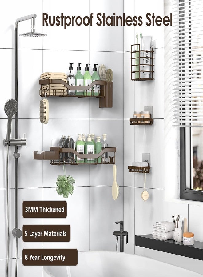 NESOMI Shower Caddy Adhesive Shower Organizer 7-Pack, Rustproof Stainless Steel Bathroom Shelves, Large Capacity No-Drill Rack Storage Accessories with Soap Dish Toothbrush Holder Hooks (Brown) - Image 5