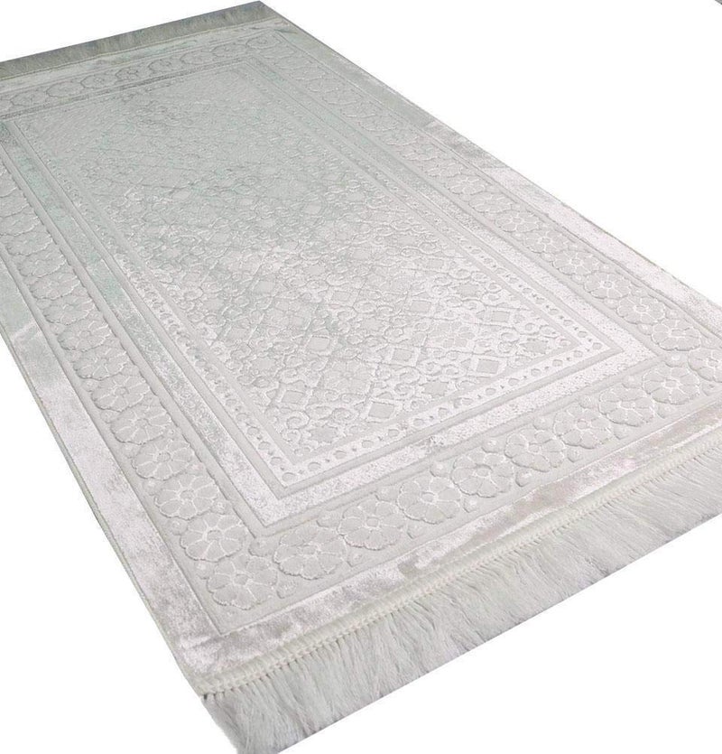 Modefa Velvet Prayer Rug - Soft Plush Turkish Janamaz Sajada Carpet for Men and Women - Plain Solid Prayer Mat Ramadan Eid Gift - with Prayer Beads - Luxury Floral Stamp (White) - Image 1