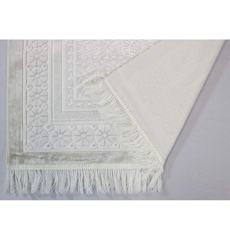 Modefa Velvet Prayer Rug - Soft Plush Turkish Janamaz Sajada Carpet for Men and Women - Plain Solid Prayer Mat Ramadan Eid Gift - with Prayer Beads - Luxury Floral Stamp (White) - Image 4