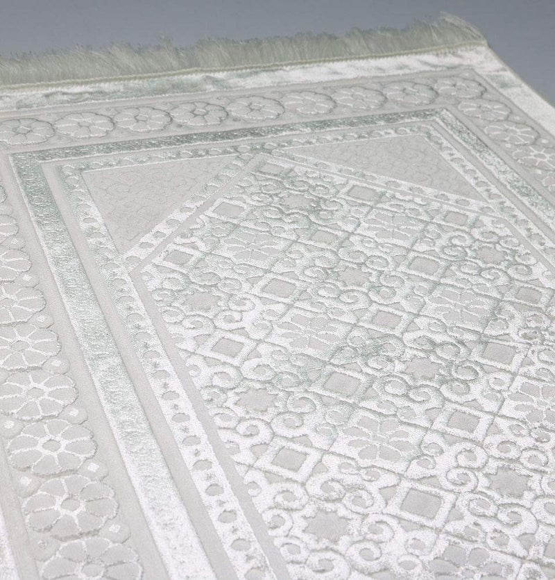 Modefa Velvet Prayer Rug - Soft Plush Turkish Janamaz Sajada Carpet for Men and Women - Plain Solid Prayer Mat Ramadan Eid Gift - with Prayer Beads - Luxury Floral Stamp (White) - Image 3