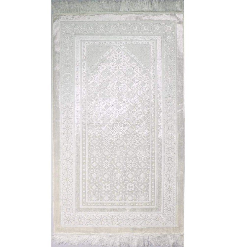 Modefa Velvet Prayer Rug - Soft Plush Turkish Janamaz Sajada Carpet for Men and Women - Plain Solid Prayer Mat Ramadan Eid Gift - with Prayer Beads - Luxury Floral Stamp (White) - Image 5