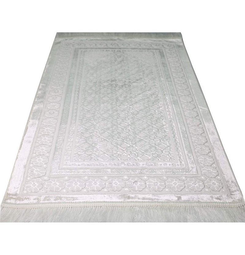Modefa Velvet Prayer Rug - Soft Plush Turkish Janamaz Sajada Carpet for Men and Women - Plain Solid Prayer Mat Ramadan Eid Gift - with Prayer Beads - Luxury Floral Stamp (White) - Image 2