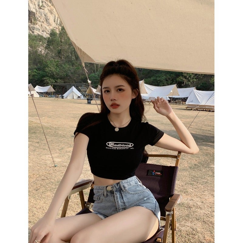 Black Letter Print Short T-Shirt for Women, 2025 Summer New Style, Slim Fit, Versatile, Hot Girl Short-Sleeved Top - Image 2