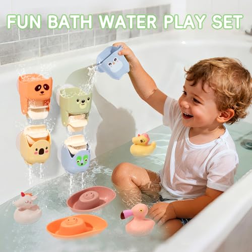 AMCHSURI Mold Free Bath Toys 15PCS Safe Fun Easy Clean Floating Boats Rotating Waterfall Cups Sealed with No Holes Floating Tub Toy and Mesh Bag for Babies 18 Months Bathtub Pool Water Toddler Toys - Image 5