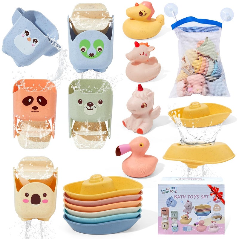 AMCHSURI Mold Free Bath Toys 15PCS Safe Fun Easy Clean Floating Boats Rotating Waterfall Cups Sealed with No Holes Floating Tub Toy and Mesh Bag for Babies 18 Months Bathtub Pool Water Toddler Toys - Image 3