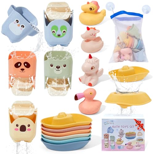AMCHSURI Mold Free Bath Toys 15PCS Safe Fun Easy Clean Floating Boats Rotating Waterfall Cups Sealed with No Holes Floating Tub Toy and Mesh Bag for Babies 18 Months Bathtub Pool Water Toddler Toys - Image 1