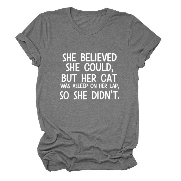 She Believed She C Letter Printed Loose T-Shirt Versatile and Comfortable Short Sleeves - Image 1