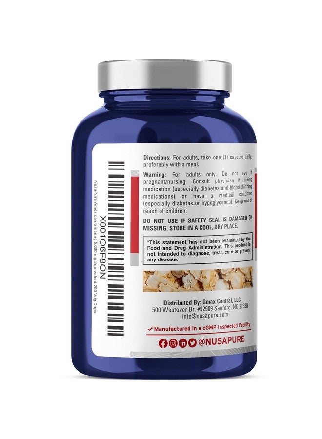 NusaPure نوسابور أمريكان جينسنغ 10:1 مستخلص، 500 ملغ يعادل 5000 ملغ - 200 كبسولة نباتية (نباتية، غير معدلة وراثيًا، نباتية) - Image 3