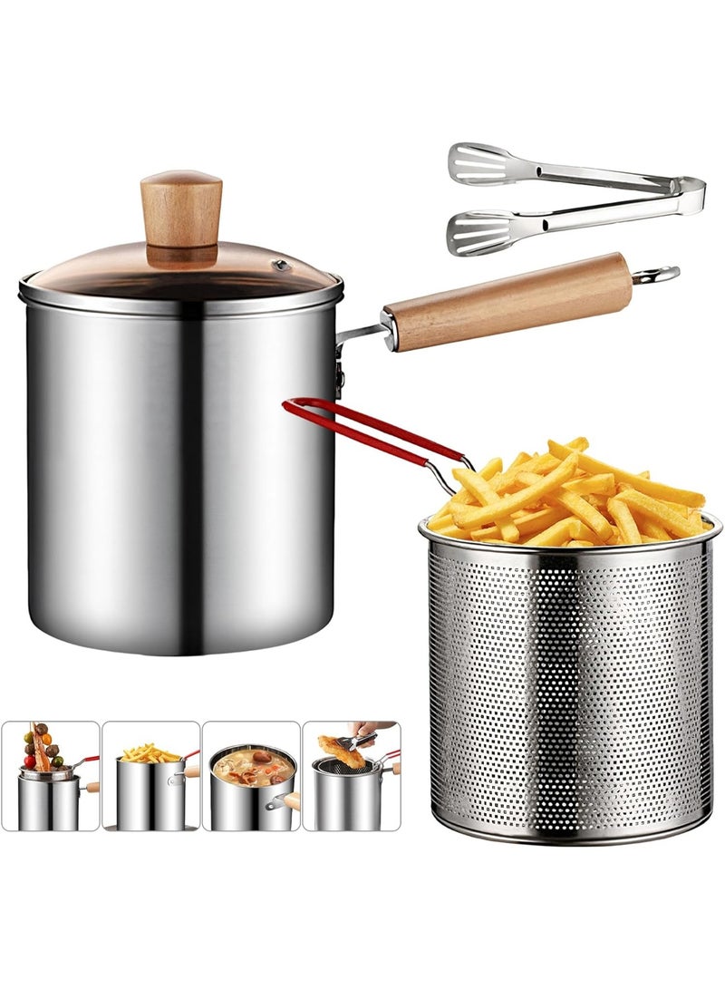 يلا جوي وعاء قلي عميق بمقبض خشبي، 3 لتر/ 101 أونصة، وعاء قلي من الفولاذ المقاوم للصدأ 304 مع سلة مصفاة، مقبض خشبي، ملقط وغطاء زجاجي، مقلاة غير لاصقة تسخين موحد، وعاء قلي لقلي السمك والدجاج والروبيان (3 قطع) - Image 1