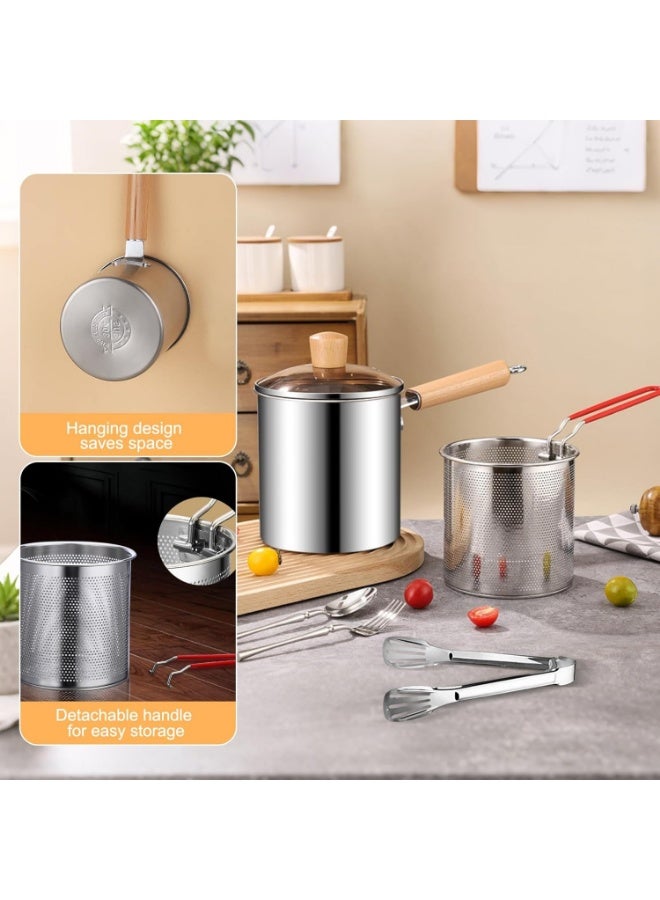 يلا جوي وعاء قلي عميق بمقبض خشبي، 3 لتر/ 101 أونصة، وعاء قلي من الفولاذ المقاوم للصدأ 304 مع سلة مصفاة، مقبض خشبي، ملقط وغطاء زجاجي، مقلاة غير لاصقة تسخين موحد، وعاء قلي لقلي السمك والدجاج والروبيان (3 قطع) - Image 5