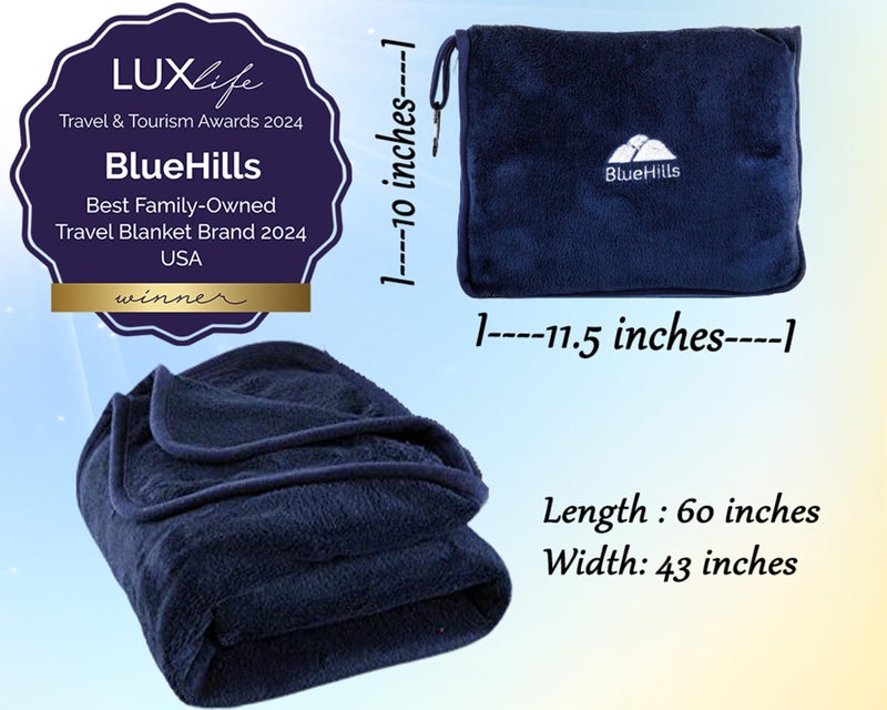 BlueHills بطانية سفر فاخرة من بلو هيلز 2-عبوة مع وسائد طائرة كبيرة للرحلات في حقيبة أساسية مدمجة هدايا دافئة باللون الأزرق الداكن T011 - Image 4