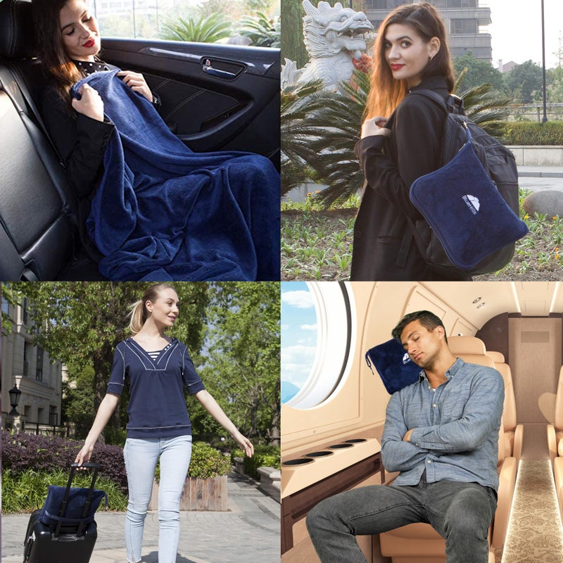 BlueHills بطانية سفر فاخرة من بلو هيلز 2-عبوة مع وسائد طائرة كبيرة للرحلات في حقيبة أساسية مدمجة هدايا دافئة باللون الأزرق الداكن T011 - Image 3