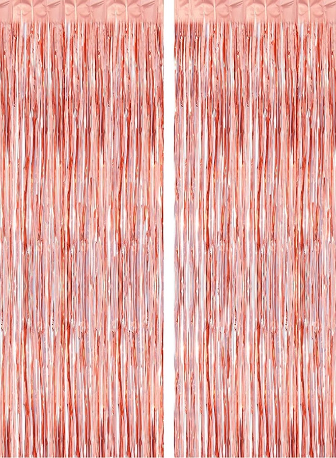 Goldedge Metallic Tinsel Foil Fringes Curtains Party Photo Backdrop for Birthday Decorations 2-Piece Set, 100 x 200 cm Size, Rose Gold  - Image 1