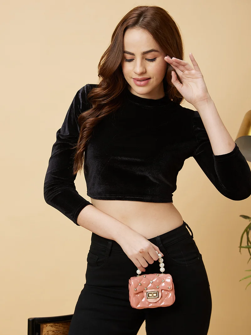 Women Crew Neck Puff Sleeves Fitted Velvet Party Blouse