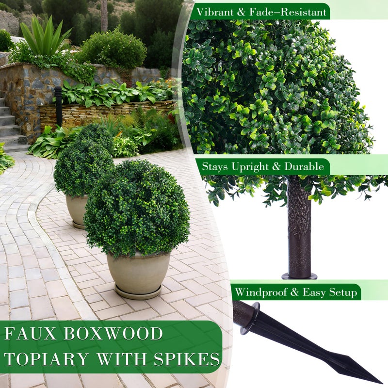FONYICK 24.8 Inch Artificial Boxwood Trees, 2 Sets Faux Boxwood Topiary with Spikes, Pot Filler Fake Shrubs Plants for Outdoor PlantersFront Porch Decor Round Topiary Bush Balls Home Garden Spring - Image 4