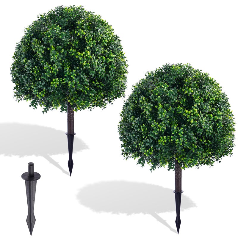 FONYICK 24.8 Inch Artificial Boxwood Trees, 2 Sets Faux Boxwood Topiary with Spikes, Pot Filler Fake Shrubs Plants for Outdoor PlantersFront Porch Decor Round Topiary Bush Balls Home Garden Spring - Image 1