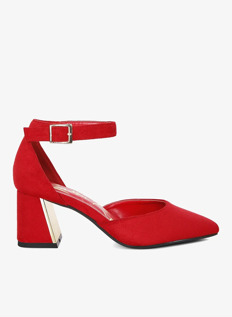Metallic Accent Angle Heeled Sandals in Red
