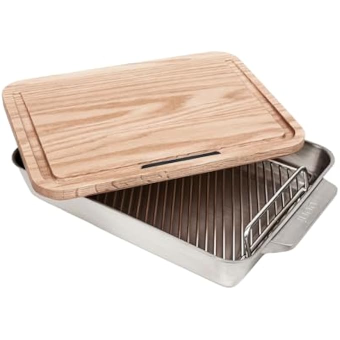 أوني صينية تحميص كبيرة غير لاصقة من الفولاذ المقاوم للصدأ مقاس 17 × 12 مع رف ولوح خشبي لتقطيع اللحوم، وعاء تحميص آمن للاستخدام في الفرن - Image 4