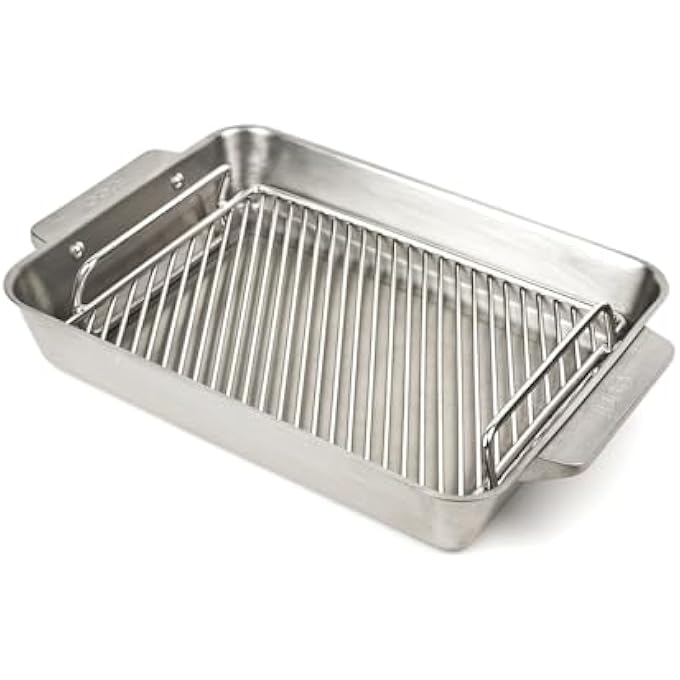 أوني صينية تحميص كبيرة غير لاصقة من الفولاذ المقاوم للصدأ مقاس 17 × 12 مع رف ولوح خشبي لتقطيع اللحوم، وعاء تحميص آمن للاستخدام في الفرن - Image 1