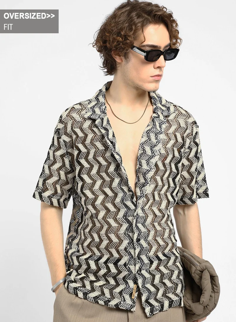 Campus Sutra Men's Cream White & Midnight Black Chevron Knit Oversized Shirt