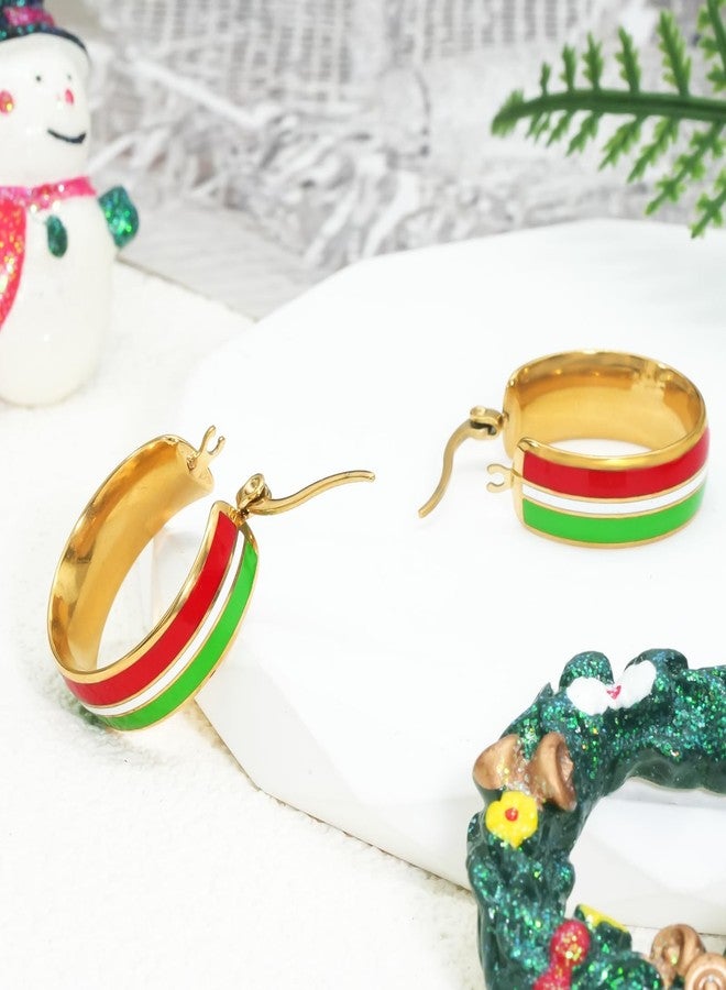 Nanafast Christmas Earrings Stainless Steel Christmas Hoop Earrings for Women Xmas Red Green Hoop Earrings-Gold Red&White&Green - Image 5