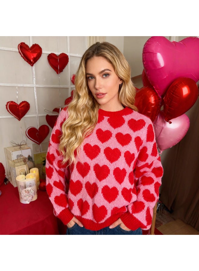 Women's Popular Casual Knitted Tops For Women, Autumn And Winter Love-themed Fashionable Round-neck over Sweaters For Women