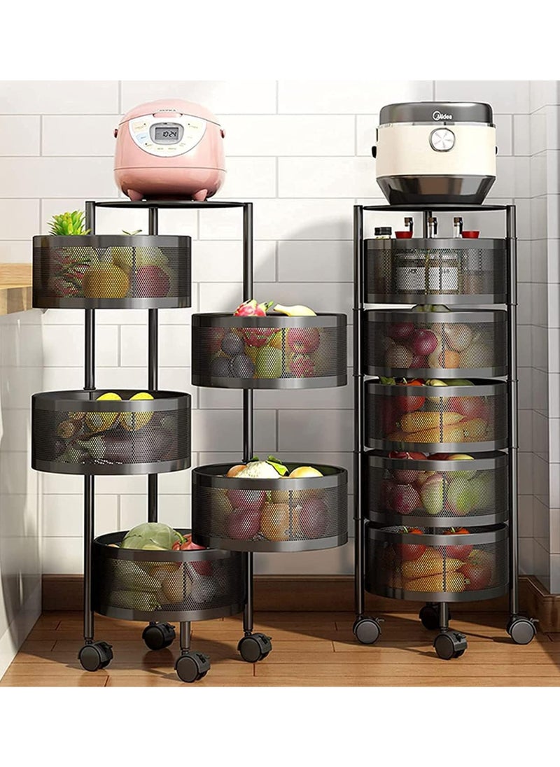 DubaiGallery - Multi-Layer Kitchen Storage Shelf Rotatable Steel Rack 4 Movable Wheels Fruit Vegetable Snack Organizer Stand Black - Image 1