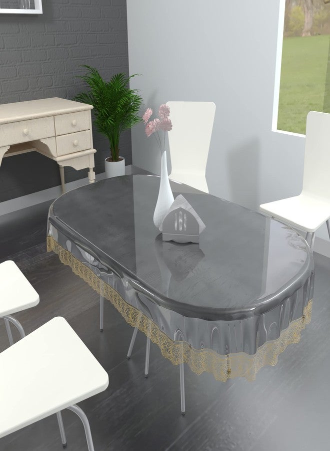 MONKDECOR Plastic Classic Transparent 6 Seater Oval Dining Table Cover With Golden Lace (Oval) Size- 60X90 Inches - Image 1