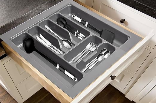 LEVON Plastic Cutlery Tray For Kitchen Drawer, Cutlery Stationery Organizer, Moduler Kitchen Basket, Grey, (17 X 19 Inch) - Image 3