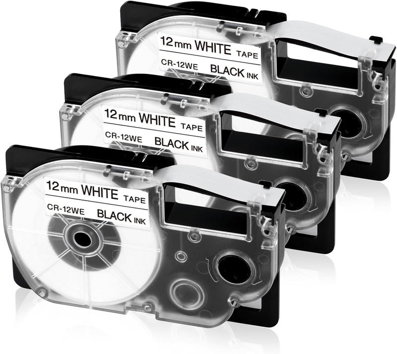 لايبل كينجدوم شريط لاصق بديل من XR-12WE مقاس 12 مم لـ Casio XR12WE2S 1/2 بوصة أسود على أبيض متوافق مع طابعات الملصقات Casio KL-120 KL-60 KL-100 KL750B KL750 KL7200، عبوة من 3 - Image 1