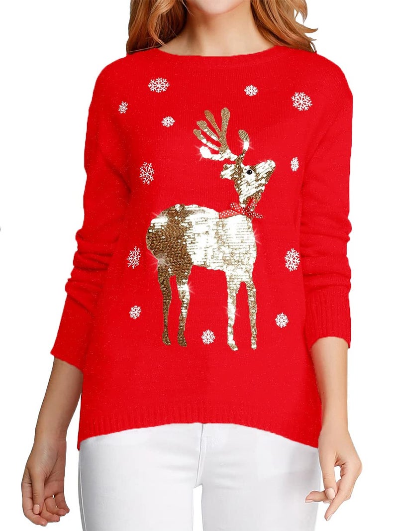 v28 Ugly Christmas Sweater for Women Reindeer Funny Merry Xmas Knit Sweaters(Medium, A Red (Light-Gold Deer)) - Image 4