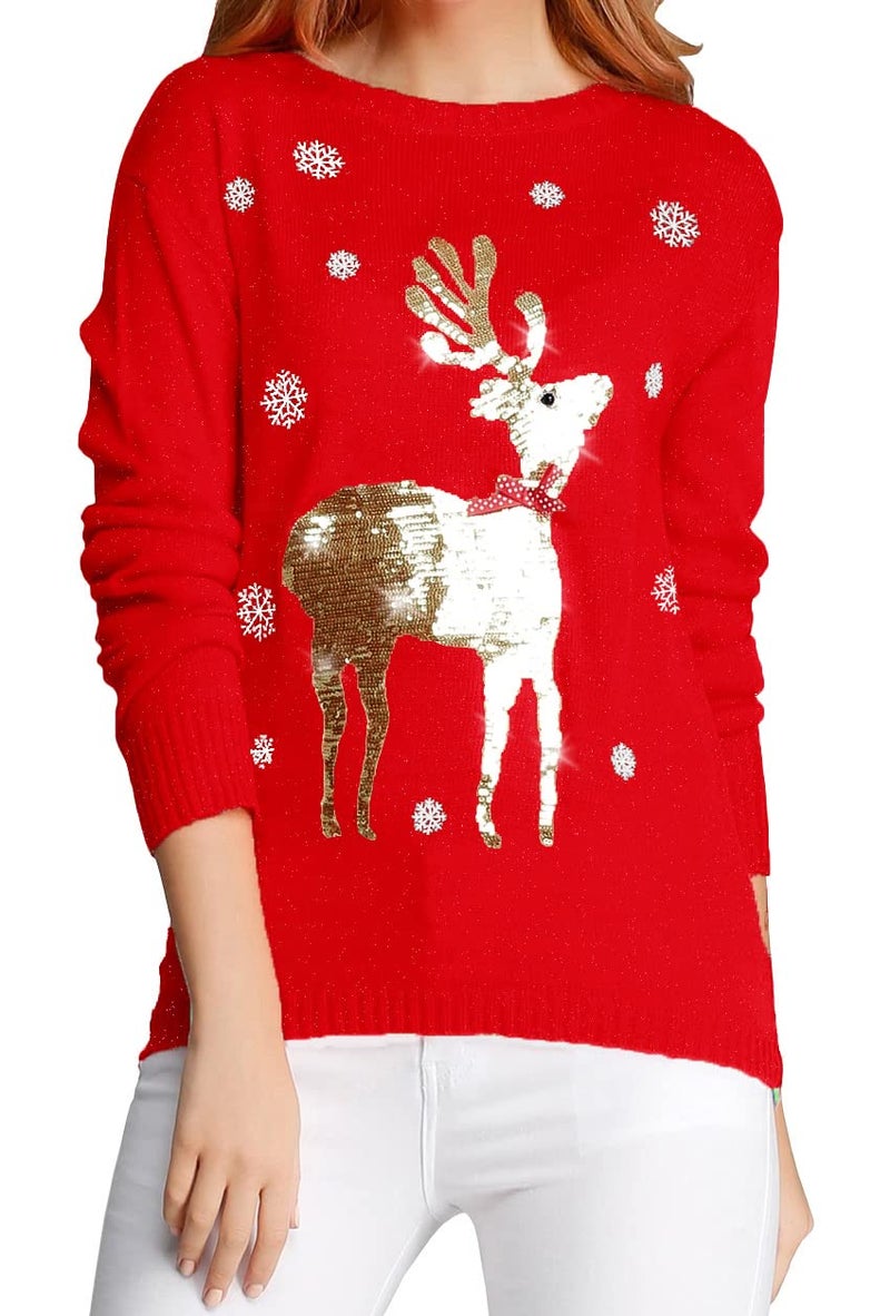 v28 Ugly Christmas Sweater for Women Reindeer Funny Merry Xmas Knit Sweaters(Medium, A Red (Light-Gold Deer)) - Image 3