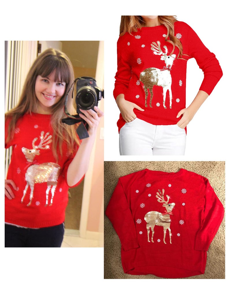 v28 Ugly Christmas Sweater for Women Reindeer Funny Merry Xmas Knit Sweaters(Medium, A Red (Light-Gold Deer)) - Image 5
