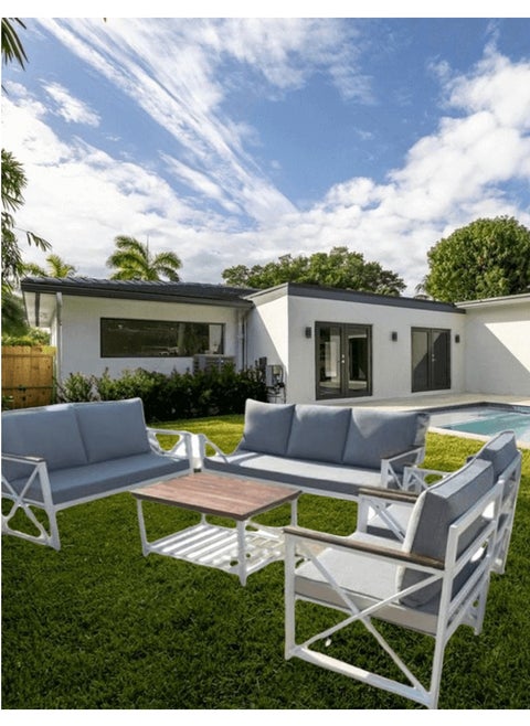 Mardod Saudi Arabia Return Outdoor Set of Iron and Natural European Wood Consisting of a Three-Seater Sofa + a Two-Seater Sofa + 2 Chairs + a Coffee Table in the Middle - Color: White Iron / Gray Fabric - Model: MS_SET_MTL_00018