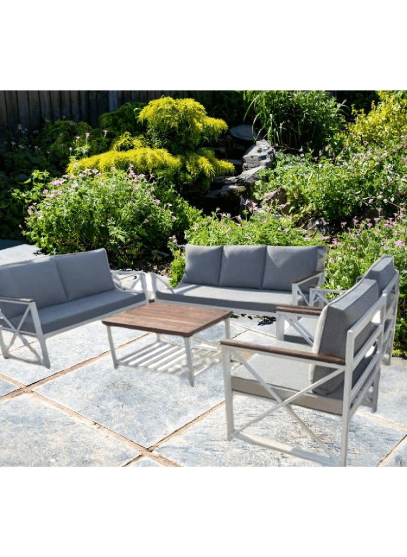 Generic - Mardod Saudi Arabia Return Outdoor Set of Iron and Natural European Wood Consisting of a Three-Seater Sofa + a Two-Seater Sofa + 2 Chairs + a Coffee Table in the Middle - Color: White Iron / Gray Fabric - Model: MS_SET_MTL_00018 - Image 1