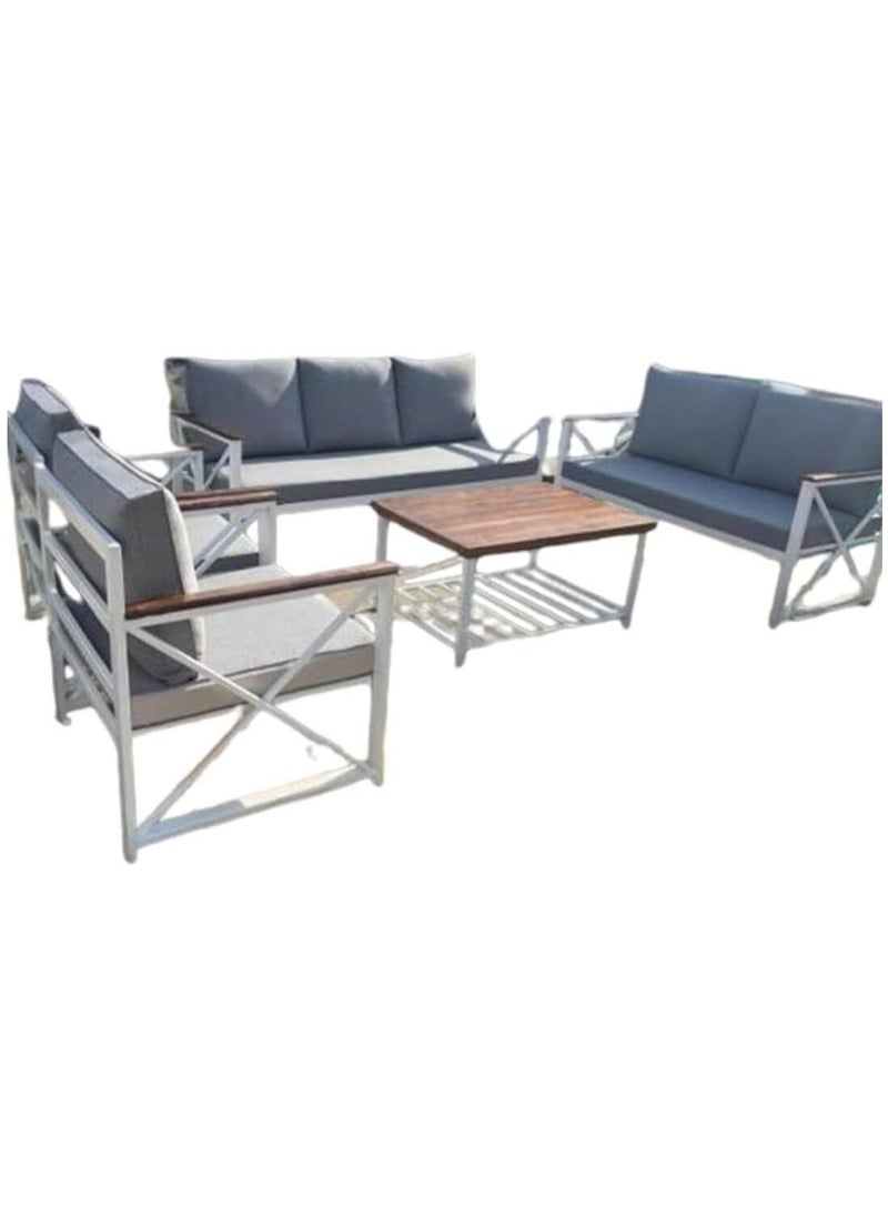 Generic - Mardod Saudi Arabia Return Outdoor Set of Iron and Natural European Wood Consisting of a Three-Seater Sofa + a Two-Seater Sofa + 2 Chairs + a Coffee Table in the Middle - Color: White Iron / Gray Fabric - Model: MS_SET_MTL_00018 - Image 1