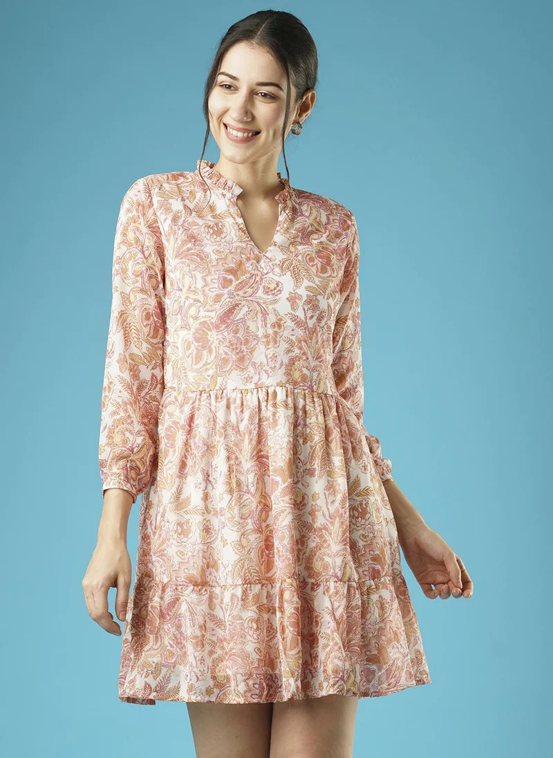 globus Globus Women Print Mandarin Collar Puff Sleeve Fit & Flare Dress