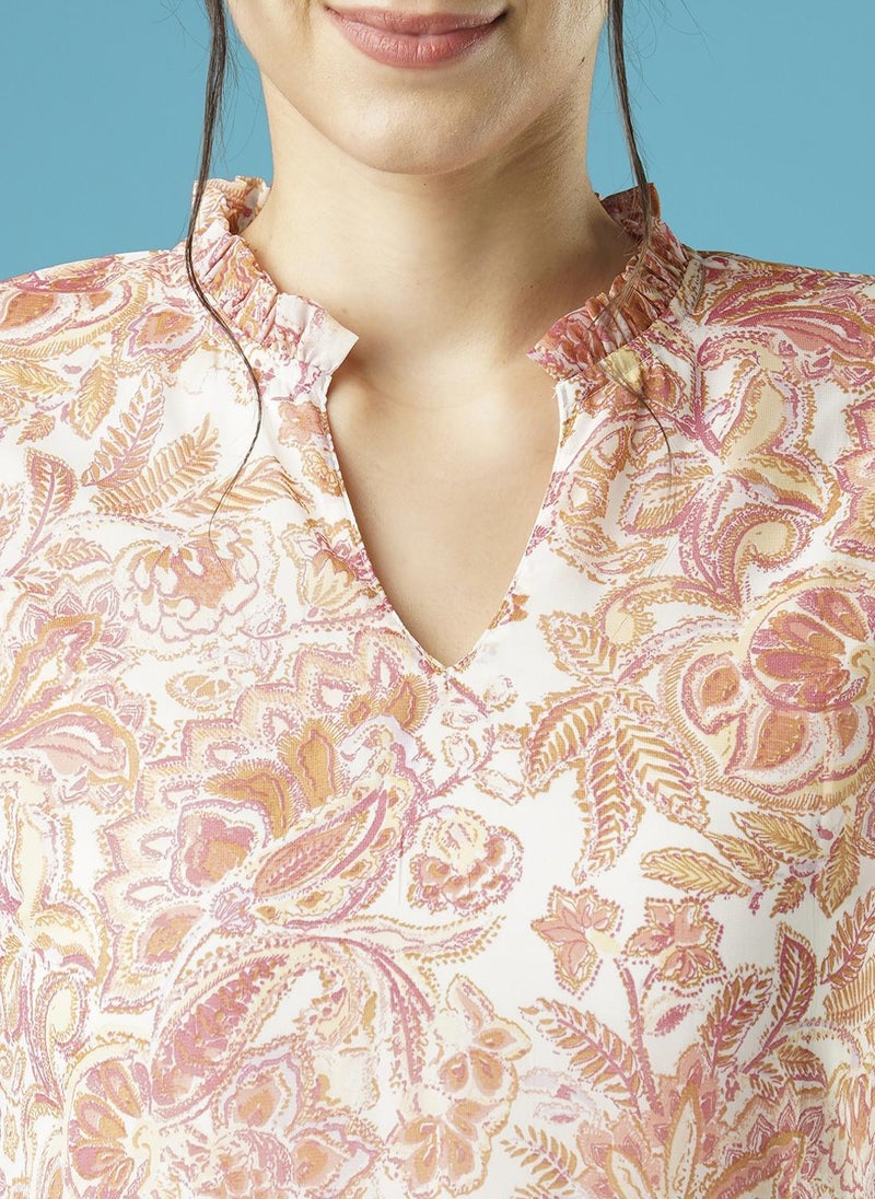 Globus Women's Dress White Casual with Mandarin Collar and Printed Design - Image 5
