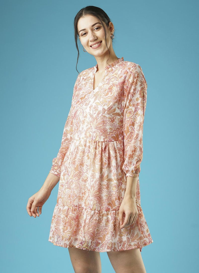 Globus Women's Dress White Casual with Mandarin Collar and Printed Design - Image 3