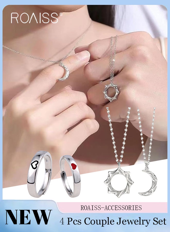 roaiss 4 Pcs Couple Necklace and Rings Set 2 Pcs Silver Sun and Moon Thin Chain Necklaces 2 Pcs Adjustable Heart-shaped Couple Rings, Suitable for Men and Women Daily Wear and Parties - Image 1