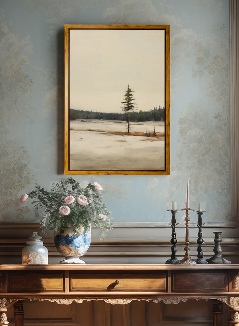 لوحة كانفاس على إطار خشبي بإطار خارجي باللون الخشبي وتصميم منظر كلاسيكي لمساحات خضراء - Image 1