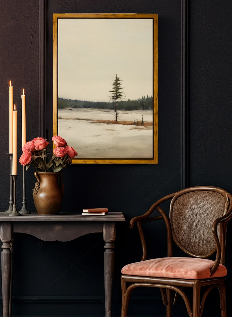 LOWHA Canvas Wall Art Stretched Over Wooden Frame with Wooden Color Floating Frame and Vintage Style Green Spaces Painting