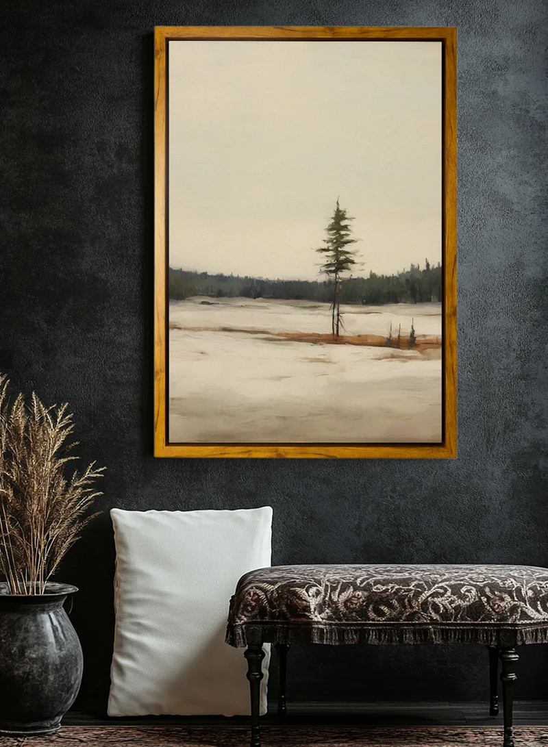 LOWHA Canvas Wall Art Stretched Over Wooden Frame with Wooden Color Floating Frame and Vintage Style Green Spaces Painting