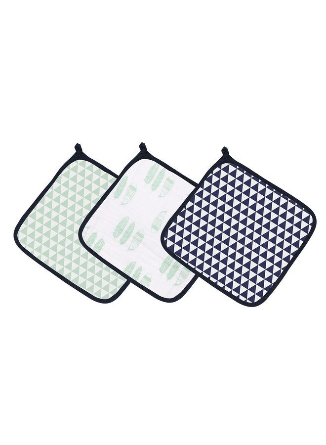 باكاتي Bacati - مناشف بغطاء رأس/مناشف غسيل من قماش قطني قبلي/أزتيكي (مجموعة من 3 قطع) (مجموعة من 3 قطع مناشف غسيل، ريش/مثلثات، أخضر فاتح/أزرق داكن) - Image 1